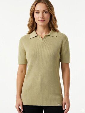Women's Rib-Knit Collared Top 100% Cotton Short Sleeve Size M